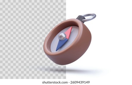 Compass Icon in 3D Cartoon Style with Red and Blue Arrow, Symbol of Navigation, Travel, and Direction. Minimalist Realistic Render on Transparent Background. Vector Illustration.