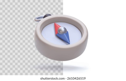Compass Icon in 3D Cartoon Style with Red and Blue Arrow, Symbol of Navigation, Travel, and Direction. Minimalist Realistic Render on Transparent Background. Vector Illustration.