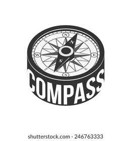 Compass icon badge. Isolated on a white background, monochrome vector art illustration logo.
