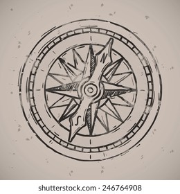 Compass Icon Badge. Vintage Retro Style Seal, Monochrome Vector Art Illustration.