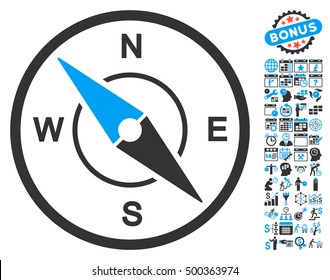 Compass icon with bonus calendar and time management pictograph collection. Vector illustration style is flat iconic symbols, blue and gray colors, white background.