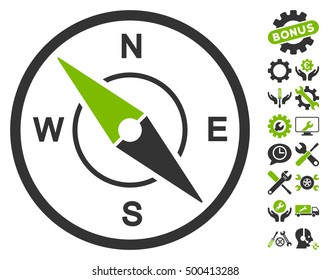 Compass icon with bonus configuration pictures. Vector illustration style is flat iconic symbols, eco green and gray colors, white background.