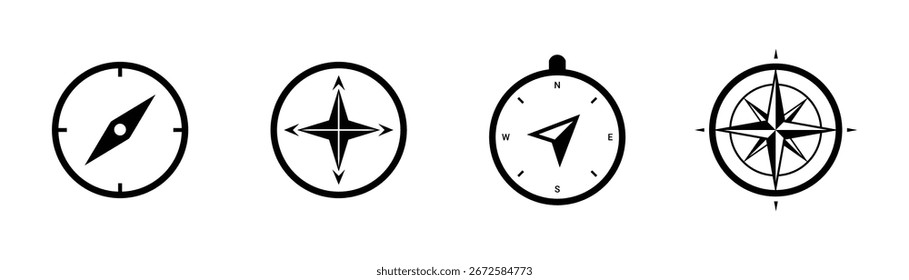 Icono de brújula dirección de la colección, norte, sur, este y oeste aislado sobre fondo blanco