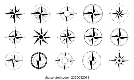 Recopilación de iconos de brújula. Conjunto de iconos de la rosa del viento de la brújula. Iconos de brújula vectorial. Conjunto de iconos de la brújula de navegación