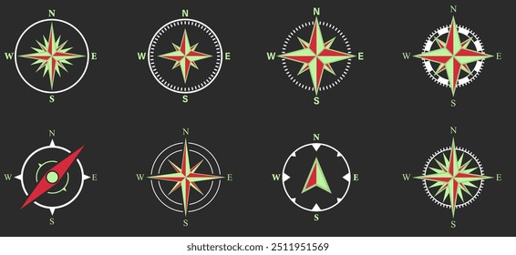 compass icon collection. compass vector illustrations for map, travel, Cartography, adventure them Windrose symbol. Vintage Wind Rose Symbol. Set of compass. Navigation arrow symbols