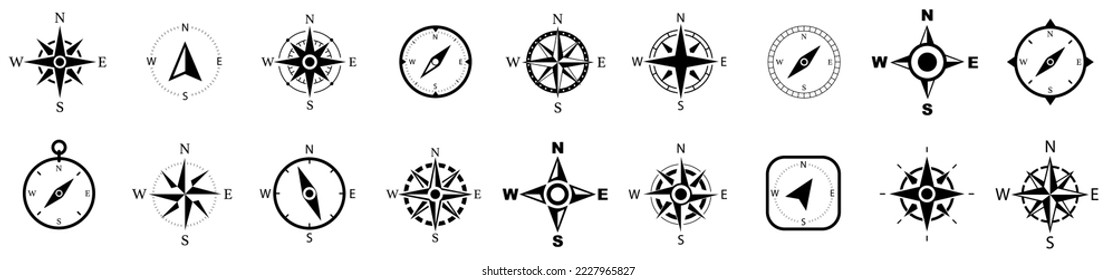 Compass icon collection. Vintage marine wind rose, nautical chart. Monochrome navigational compass with cardinal directions of North, East, South, West. Geographical position. Vector illustration