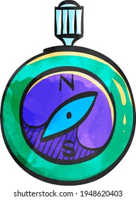 Icono de brújula en el dibujo de color. Dirección norte sur perdida locación