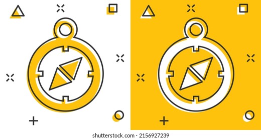 Icono de brújula en estilo cómic. Ilustración vectorial del equipo de navegación sobre fondo blanco aislado. Concepto de negocio de efecto de salpicadura de dirección de viaje.
