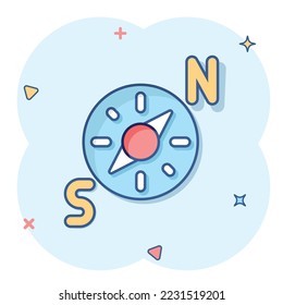 Compass icon in comic style. Navigation equipment cartoon vector illustration on white isolated background. Journey direction splash effect business concept.