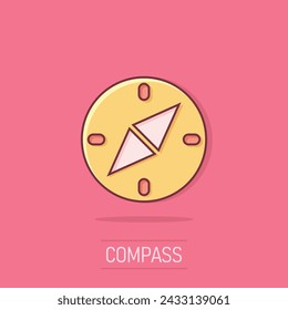 Compass icon in comic style. Navigation equipment cartoon vector illustration on isolated background. Journey direction splash effect business concept.