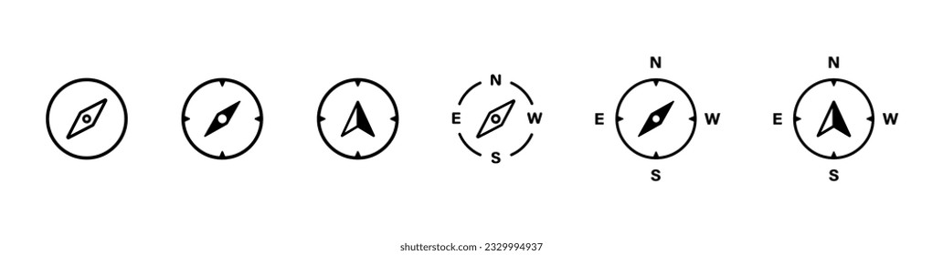 Icono de brújula. Dirección, colección de iconos de brújula de rosa silvestre. Navegación, icono de brújula. Vector de acciones