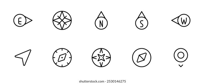 Compass icon. directional arrows, navigation, maps icon. linear Editable Stroke. Line, Solid, Flat Line, thin style and Suitable for Web Page, Mobile App, UI, UX design.