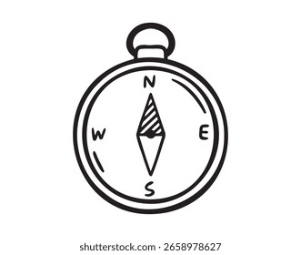 Kompass Symbol Doodle handgezeichnet. Umriss-Kompasslinien-Zeichnungsclipart-Symbol. Vektorgrafik