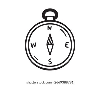 Brújula icono doodle dibujado a mano. Símbolo de Clipart de dibujo de línea de brújula de contorno. Ilustración vectorial