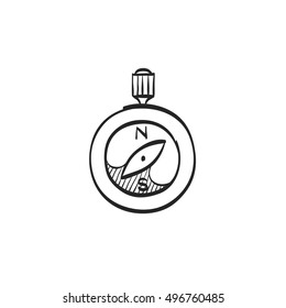 Compass icon in doodle sketch lines. Direction north south lost locate