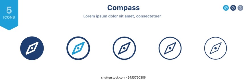 Compass icon, explore compass button. arrow direction buttons sign in filled, thin line, outline and stroke style for apps and website	
