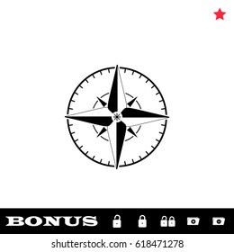 Compass icon flat. Black pictogram on white background. Vector illustration symbol and bonus button open and closed lock, folder, star