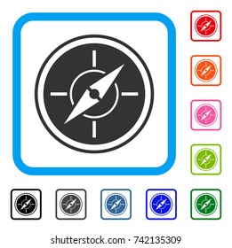Compass icon. Flat gray iconic symbol inside a light blue rounded rectangular frame. Black, gray, green, blue, red, orange color variants of Compass vector.