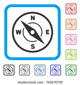 Compass icon. Flat grey iconic symbol inside a blue rounded squared frame. Black, gray, green, blue, red, orange color additional versions of Compass vector. Designed for web and app user interface.