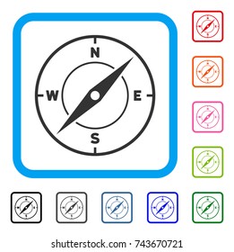 Compass icon. Flat grey pictogram symbol inside a blue rounded rectangular frame. Black, gray, green, blue, red, orange color additional versions of Compass vector.