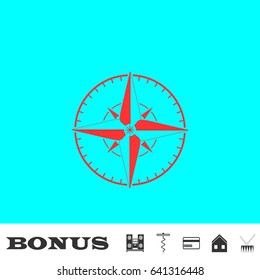 Compass icon flat. Red pictogram on blue background. Vector illustration symbol and bonus buttons Music center, corkscrew, credit card, house, drum