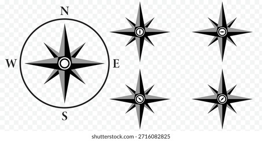 Icono de brújula plana simple logotipo de contorno. Conjunto de íconos de Vector de brújula mínima con Diseños de navegación modernos y clásicos para aplicaciones de mapas, viajes y orientación. Norte, Sur, Este y Oeste