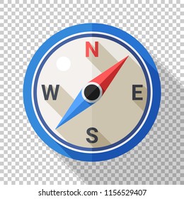 Compass icon in flat style with long shadow on transparent background