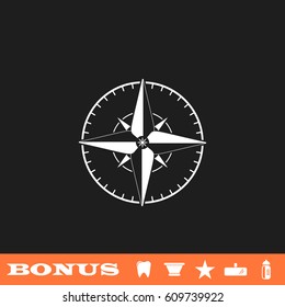 Compass icon flat. White pictogram on black background. Vector illustration symbol and bonus button tooth, vase, star, mirror, bottle
