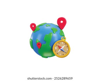 Compass icon with globe icon pin on location pin icon for marking Travel tourism Maps navigation Planning tool for travel map icon 3d render