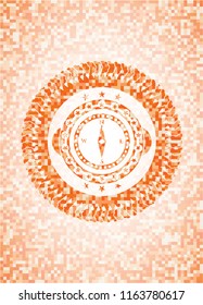 compass icon inside abstract emblem, orange mosaic background