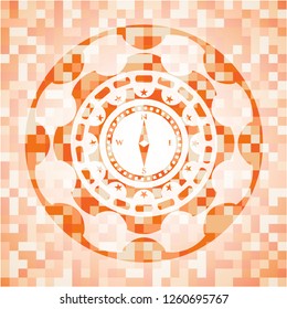 compass icon inside abstract emblem, orange mosaic background