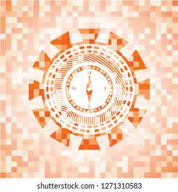 compass icon inside abstract emblem, orange mosaic background
