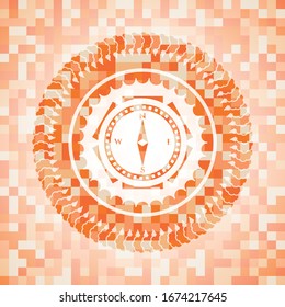 compass icon inside abstract emblem, orange mosaic background