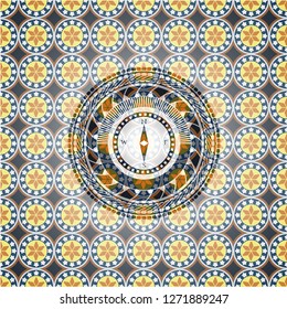 compass icon inside arabic emblem background. Arabesque decoration.