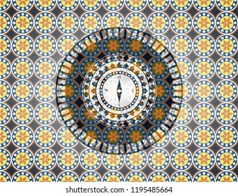 compass icon inside arabic style emblem. Arabesque decoration.