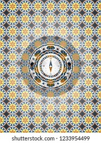 compass icon inside arabic style emblem. Arabesque decoration.