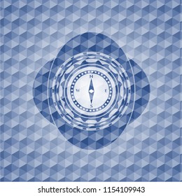 compass icon inside blue emblem with geometric pattern background.