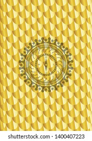 compass icon inside gold shiny badge. Scales pattern. Vector Illustration. Detailed.