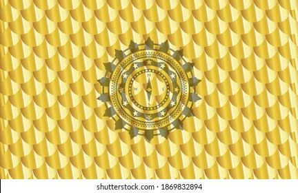 compass icon inside golden badge. Scales pattern. Vector Illustration. Detailed. 