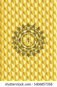 compass icon inside golden emblem or badge. Scales pattern. Vector Illustration. Detailed.