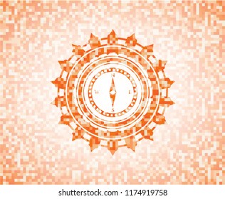 compass icon inside orange tile background illustration. Square geometric mosaic seamless pattern with emblem inside.