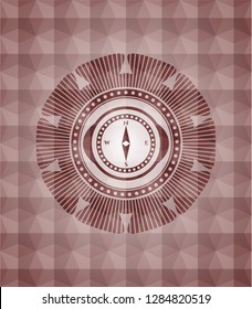 compass icon inside red seamless geometric pattern emblem. Seamless.