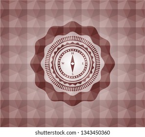 compass icon inside red seamless emblem with geometric background.