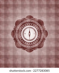 compass icon inside red seamless emblem or badge with abstract geometric polygonal pattern background. 
