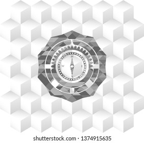 compass icon inside retro style grey emblem with geometric cube white background