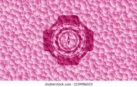 compass icon inside retro style pink emblem with bubbles background. Vector Illustration. Detailed. 
