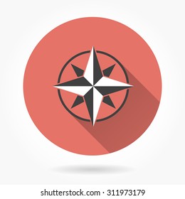 Compass  icon with long shadow, flat design. Vector illustration.