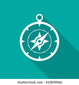 Compass icon with long shadow. Flat design style. Compass silhouette. Simple green icon. Modern flat icon in stylish colors. Web site page and mobile app design vector element.