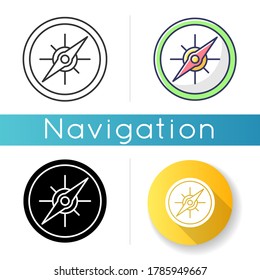 Compass icon. Marine and land navigation, direction guide tool. Linear black and RGB color styles. Traveler instrument with cardinal points and magnetic arrow isolated vector illustrations