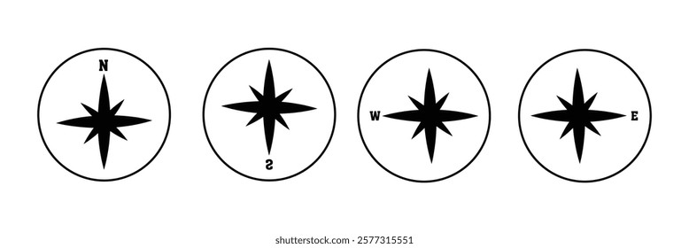 Compass icon. Nautical compass for travel with sign of north, south, west, east. Set of logo for map and navigation. Symbol of direction. Arrow, dial for orientation of latitude, longitude. Vector